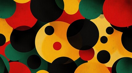 Overlapping black, yellow, red and green circles on a textured canvas creating a playful, energetic abstract composition