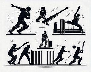 Silhouettes of cricket players isolated on white background
