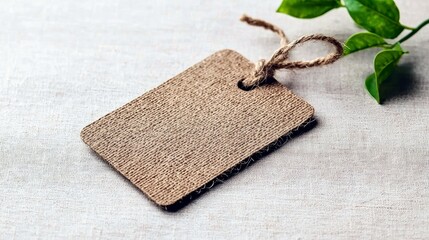 A textured kraft paper tag, tied with twine, rests on a light fabric surface next to fresh green leaves.