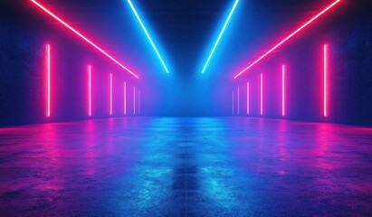 empty futuristic corridor with glowing pink and blue neon bars, reflective wet floor, symmetrical minimalist interior, moody atmospheric and cinematic vibe
