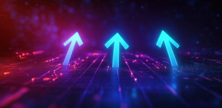 three glowing blue arrows rising from a magenta and purple digital grid, conveying upward momentum and futuristic optimism - Powered by Adobe