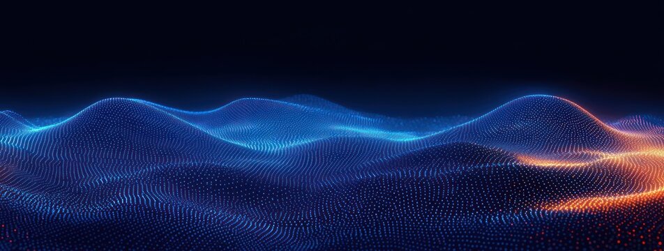 Glowing blue and orange particle grid forming undulating digital waves and data landscape, evoking a serene futuristic and dynamic atmosphere