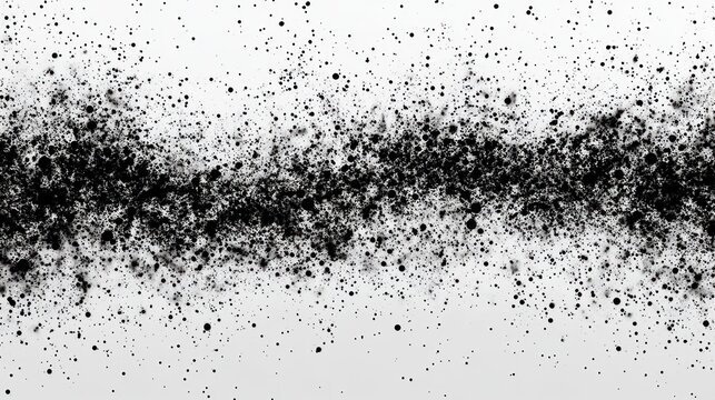 Chaotic energetic horizontal band of black ink splatter and paint droplets on a white background, abstract grunge texture