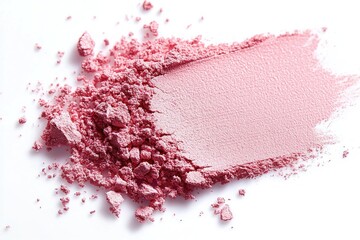 Fototapeta premium crushed pastel pink cosmetic powder with smooth swatch and scattered crumbs on white background, soft delicate feminine mood