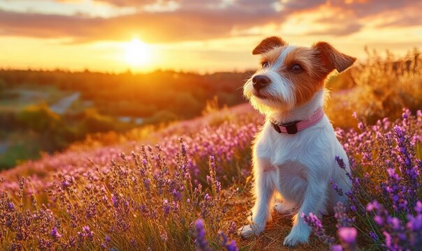 small white and brown terrier puppy wearing a pink collar sitting in a purple wildflower meadow at sunset, calm and curious expression