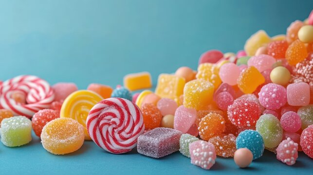 colorful assortment of sugar-coated gummy candies, jelly sweets and swirled lollipops on a blue background, playful and tempting