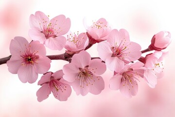Naklejka premium delicate pink cherry blossoms on a slender branch against a soft pastel background, evoking serene springtime joy