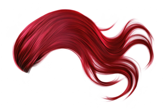 A vibrant. flowing cascade of deep red hair. elegantly styled and captured against a clean white background. ideal for beauty and haircare visuals