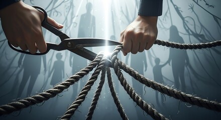 Breaking Free from Control and Manipulation: Person Cutting Multiple Binding Ropes with Scissors Symbolizing Liberation, Independence, Freedom from Toxic Relationships, 
