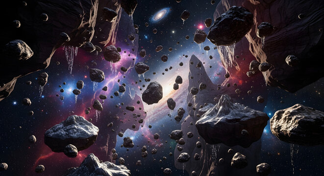 Asteroids and meteoroids floating in deep space with cosmic dust and stardust.