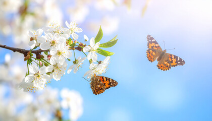 Beautiful banner background of spring nature. Artistic panoramic design of blossoming cherry branches and a flying butterfly against a sunny spring garden and blue sky with copy space.