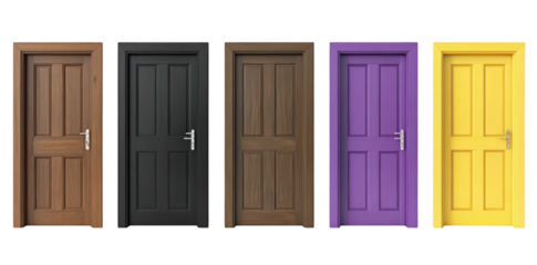 A row of five distinct doors in various colors including brown. black. dark brown. purple. and yellow. modern design elements against a plain white background. ideal for interior decor inspiration