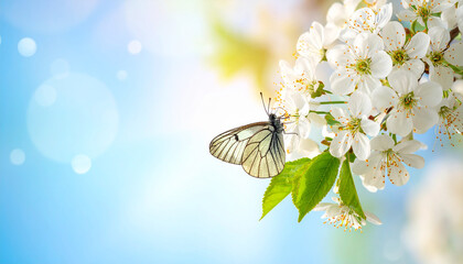 Beautiful banner background of spring nature. Artistic panoramic design of blossoming cherry branches and a flying butterfly against a sunny spring garden and blue sky with copy space.