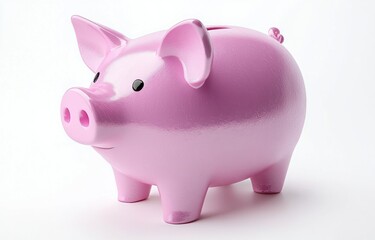 Obraz premium glossy pink piggy bank with coin slot and black eyes on white background, cheerful and playful, evoking saving and financial optimism