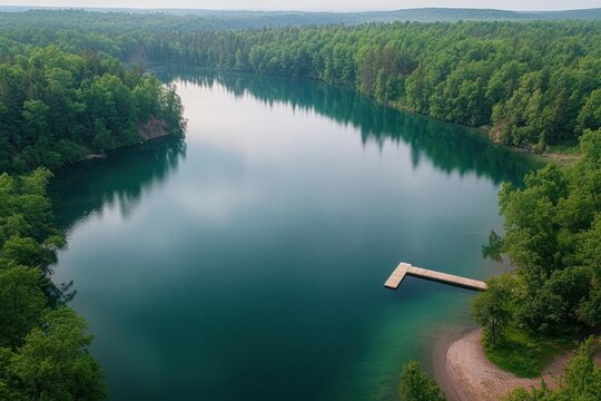Aerial view of a tranquil forest lake with a wooden dock and sandy shore reflecting trees under a calm sky