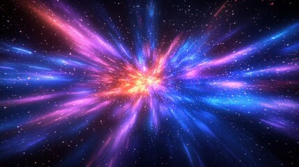 vibrant cosmic explosion with radiant purple, blue, pink and orange nebula, streaking light rays, glowing starfield and a sense of awe and dynamic motion