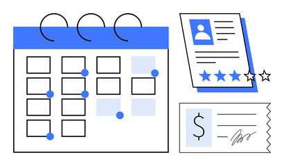 Calendar with marked dates, profile review with ratings, and signed receipt. Ideal for planning, organizing, scheduling, time management, employee evaluation, payment tracking simple flat metaphor