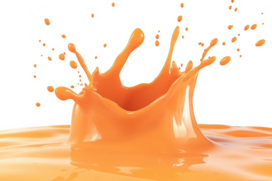 A splash of orange liquid creating dynamic droplets against a clean white background. the beauty of motion and color for use in creative design or marketing