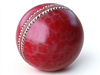 Shiny red leather cricket ball with prominent hand-stitched seam on white background conveying classic sporting anticipation