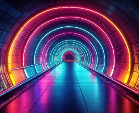 futuristic neon-lit circular tunnel with concentric pink blue purple and orange rings, reflective glossy floor, central walkway and glowing vanishing point, mesmerizing and immersive