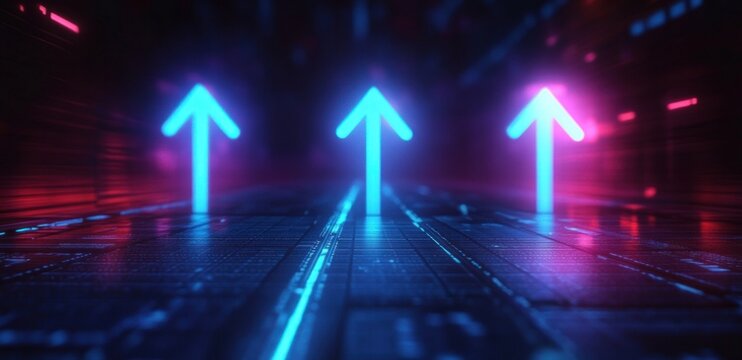 three glowing neon arrows rising from a futuristic circuit floor in blue and magenta tones, conveying forward movement, speed and technological progress