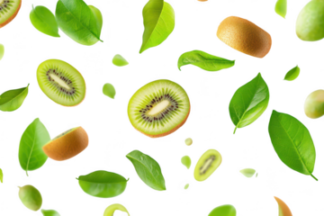 A arrangement of sliced kiwis and fresh green leaves floating against a bright white background. creating a refreshing and dynamic visual perfect for food-related content