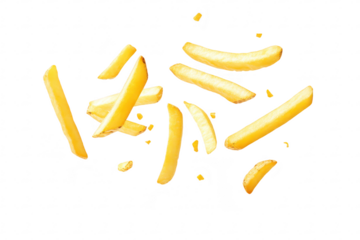 A dynamic composition of floating golden French fries captured against a clean white background. their crispy texture and appealing shape. ideal for culinary or food-related use