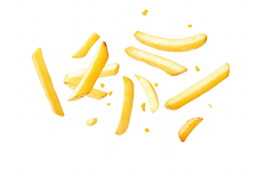 A dynamic composition of floating golden French fries captured against a clean white background. their crispy texture and appealing shape. ideal for culinary or food-related use