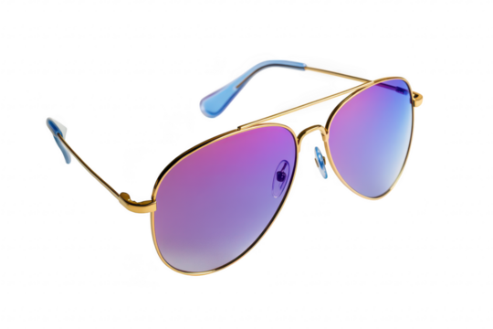 Stylish aviator sunglasses with gradient purple lenses resting on a clean white surface. a modern design perfect for summer fashion and outdoor activities