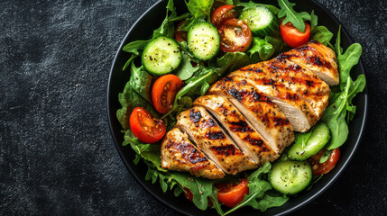 Top view Grilled chicken breast, fillet and fresh vegetable salad of lettuce, arugula, spinach, cucumber and tomato