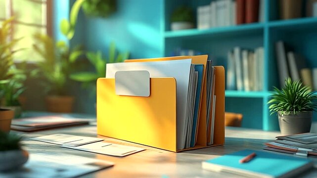 Organized workspace with folders and plants in sunlight