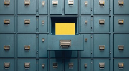 Fototapeta premium Worn blue metal filing drawers filling the frame with one center drawer open revealing a bright yellow folder, evoking discovery and focus