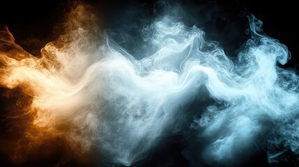 Swirling orange and blue smoke plumes on a black background, ethereal flowing motion conveying dramatic tension and serene mystery