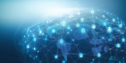 futuristic glowing digital globe with interconnected network lines and icons over a world map conveying global connectivity and secure data exchange