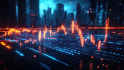 glowing orange market waveform over neon blue data grid with reflective surface and blurred city skyline, dynamic futuristic and tense atmosphere