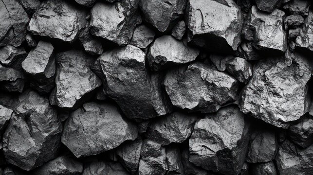 close up of stacked dark jagged rocks with rough textured surfaces conveying a heavy rugged and somber mood