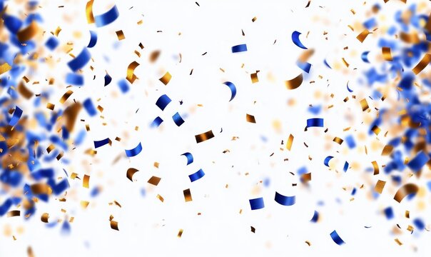 blue and gold confetti ribbons and small metallic squares falling against a white background, creating a joyful festive atmosphere