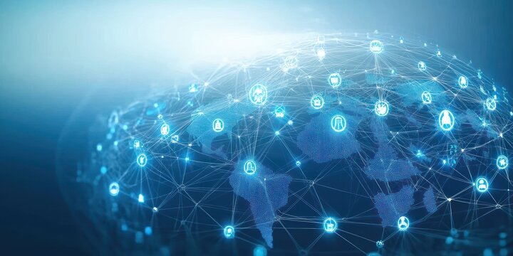 futuristic glowing digital globe with interconnected network lines and icons over a world map conveying global connectivity and secure data exchange