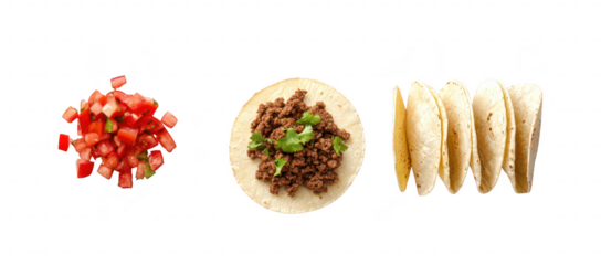A colorful arrangement of freshly prepared tacos with seasoned meat. garnished with cilantro. alongside a pico de gallo. set against a clean white background. ideal for culinary promotions
