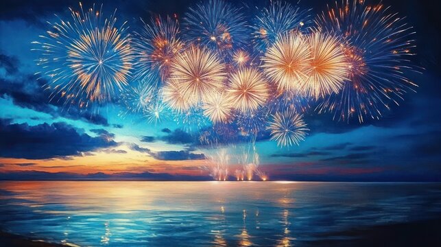 Colorful fireworks bursting over a calm ocean at sunset with glowing reflections on the water, dramatic clouds and a serene celebratory atmosphere