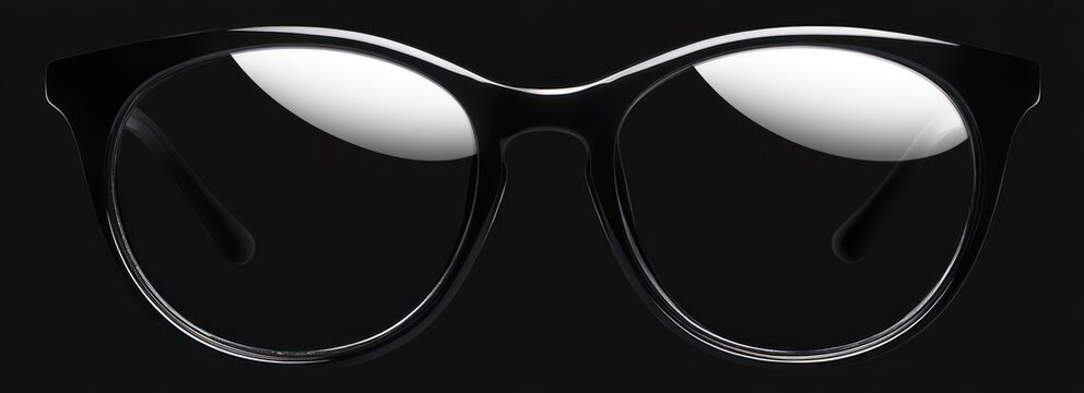 Close-up front view of glossy black eyeglasses with clear lenses on a dark background, sleek reflective highlights conveying modern sophistication and mystery