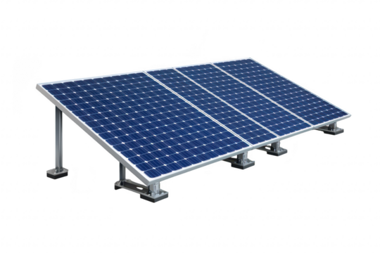 A modern solar panel installation featuring multiple photovoltaic modules arranged in rows. set against a clean white background. illustrating renewable energy technology and sustainability efforts