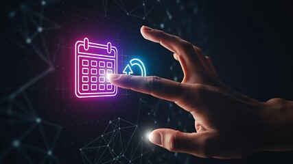 A hand interacting with a digital calendar icon for the concept of scheduling and planning. - Powered by Adobe