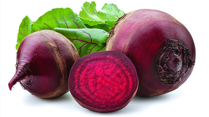 Whole beet root and half isolated on white background