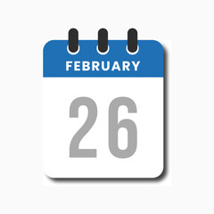 Fototapeta premium Clean modern February 26 blue calendar icon in flat vector style, perfect for planning and productivity tools.