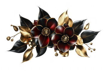 A stunning arrangement of dark red and gold flowers with intricate leaves. set against a clean white background. perfect for elegant design projects and floral-themed decorations