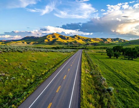 Aerial view road stretches into a grassy valley, hills in the distance, blue sky and cloudscape above