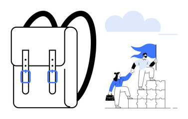 Backpack next to a team ascending puzzle staircase while one person helps another. Ideal for collaboration, leadership, support, education, teamwork, achievement, problem-solving. Simple flat