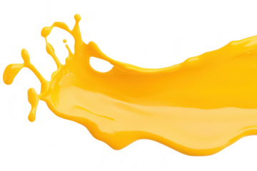 A splash of yellow paint gracefully arcs across a white background. capturing the dynamic movement of color. ideal for creative projects or artistic expressions