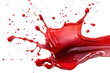 A splash of red liquid against a white background. capturing the dynamic motion and energy of the liquid as it bursts outward. ideal for creative projects or culinary themes